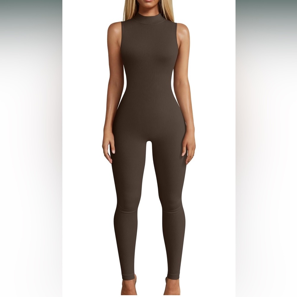 OQQ Women Yoga Jumpsuits Workout Ribbed Sleeveless High Neck Tops Sport Jumpsuit